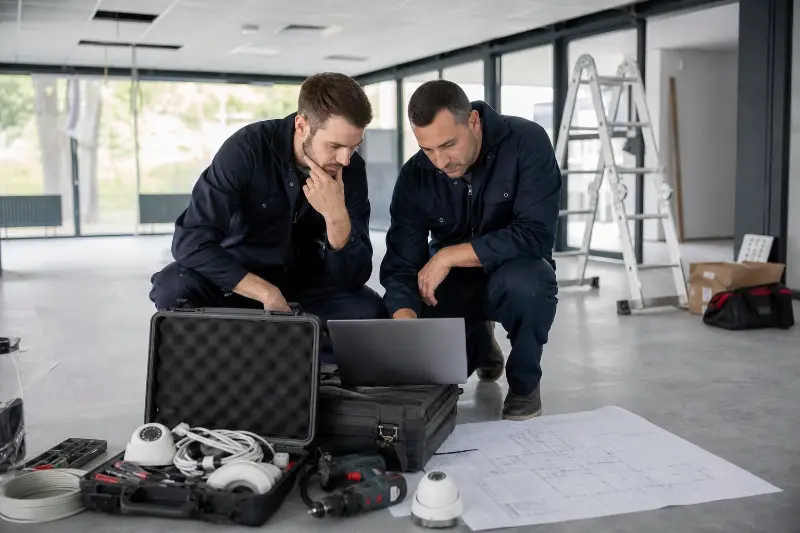 Keerthi Networks technicians reviewing an installation plan with CCTV equipment on site